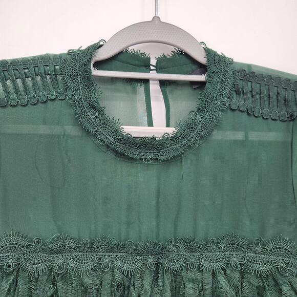 Mod X Evergreen Mesh Ladder Lace Sleeve Keyhole Back Tiered Tulle Top Women's XS - Picture 10 of 12